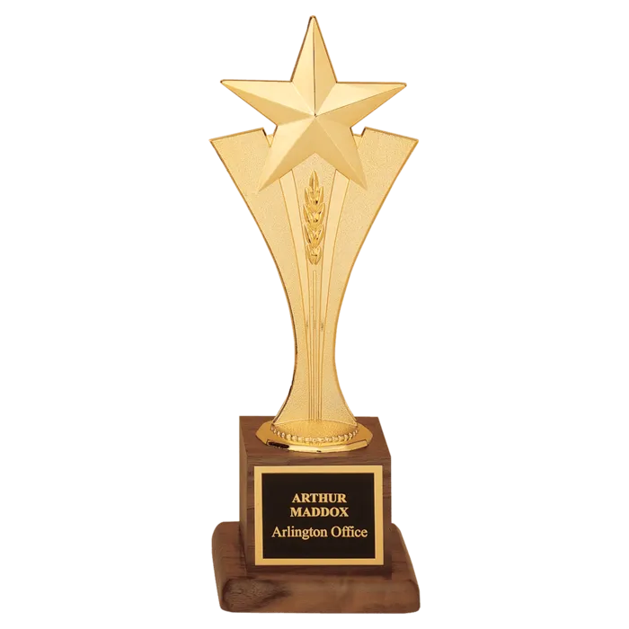 3 1/2" x 10" Modern Goldtone Star Casting on a Walnut Finish Base with Laserable Black Brass Plate