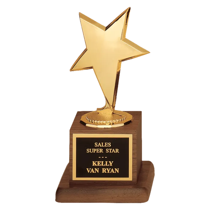 3 1/2" x 6 3/4" Modern Star Casting in Goldtone Finish on Walnut Finish Base with Black Laserable Plate
