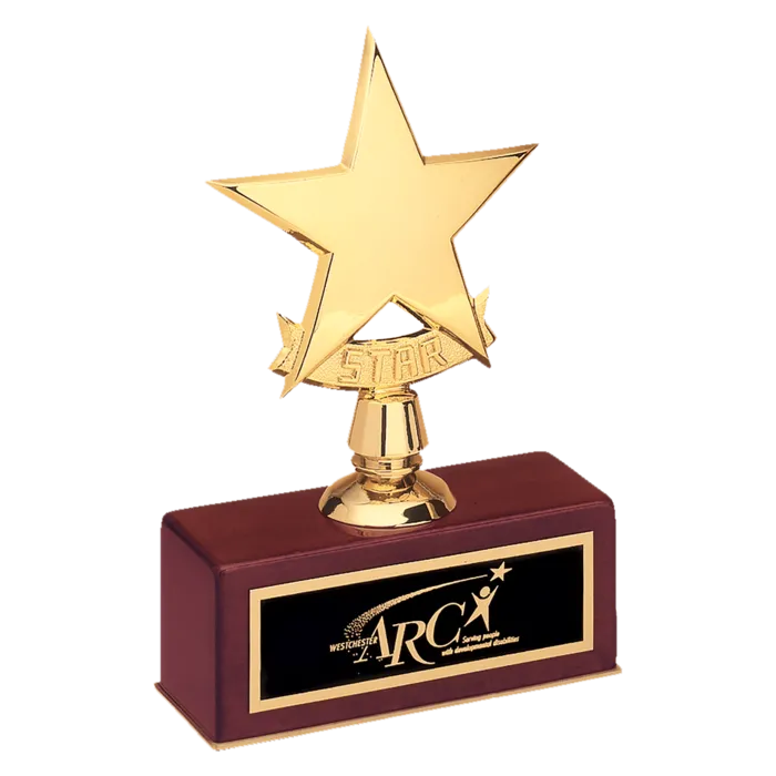 5" x 7 1/2" Polished Metal Goldtone Star Casting on Rosewood Piano Finish Base with Laserable Black Brass Plate