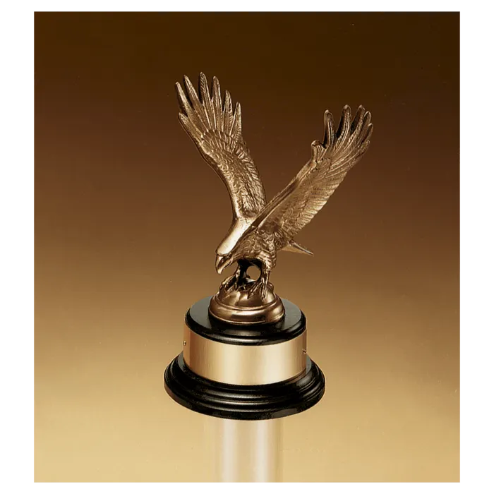 9" Fully Modeled Antique Bronze Eagle Casting on a Black Piano Finish Base with Gold Flex-Brass Plate