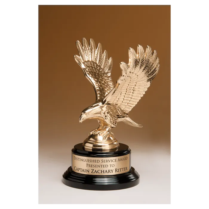 9" Fully Modeled Gold Finish Metal Eagle on a Black Piano Finish Base with a Gold Flex-Brass Plate