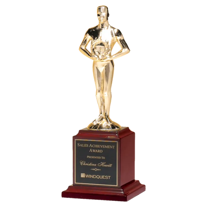 13 1/2" Cast Metal Goldtone Finish Classic Achiever Figure on a Rosewood Piano Finish Base with a Black Laserable Plate