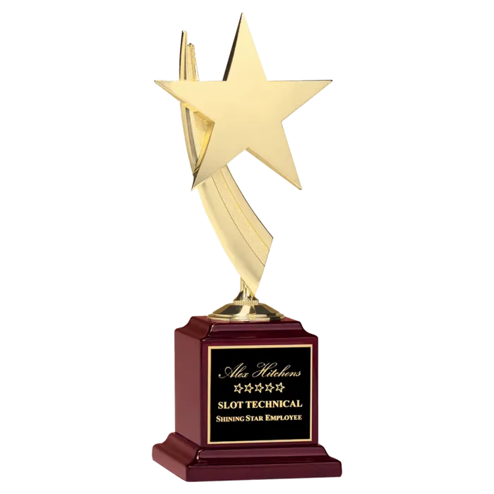 13" Star Casting in Goldtone Finish on Rosewood Piano Finish Base with Black Laserable Plate