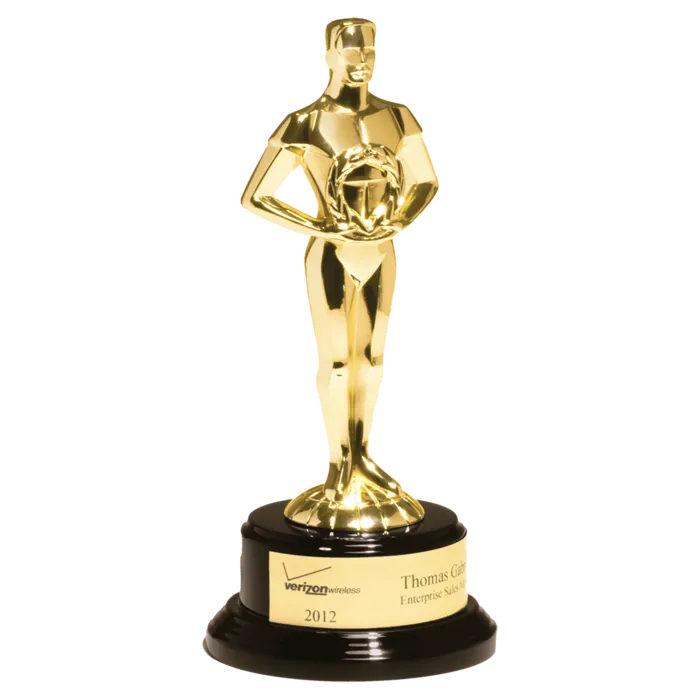 11" Cast Metal Goldtone Finish Classic Achiever Figure on a Black Piano Finish Base with a Gold Flex-Brass Plastic Plate
