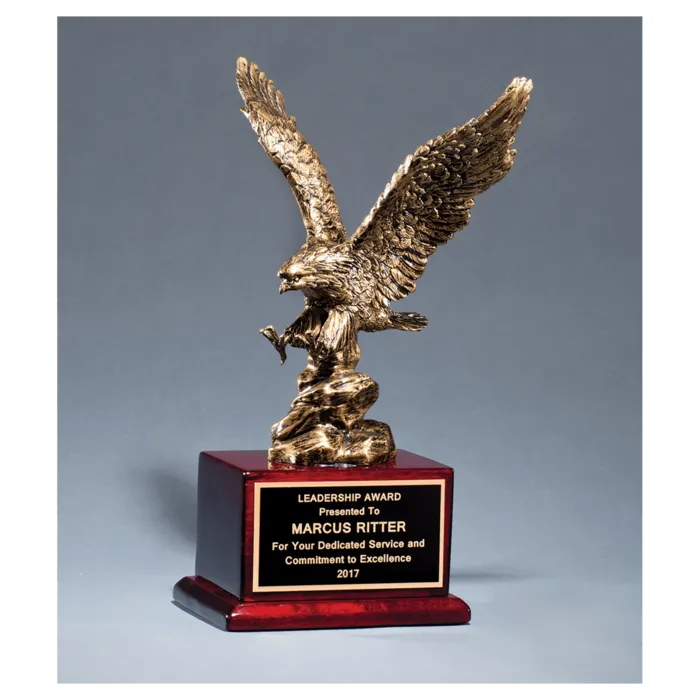 15" Antique Bronze Finished Eagle Resin Casting on Rosewood Piano Finish Base with Black Laserable Brass Plate