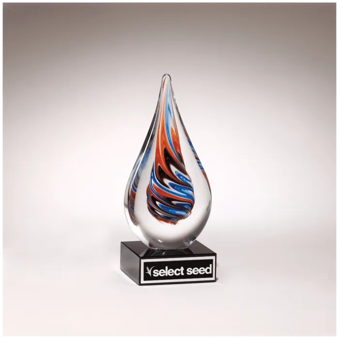 7 1/2" Teardrop Art Glass on Black Glass Base with Black Laserable Aluminum Plate