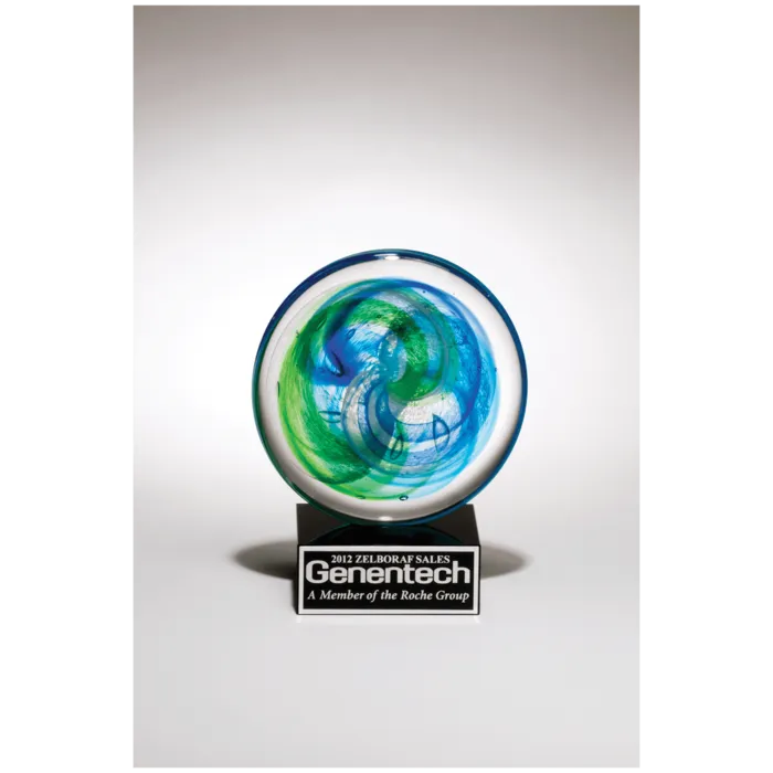 7 1/4" Disk Art Glass with Blue and Light Green Accent on Black Glass Base with Black Laserable Aluminum Plate