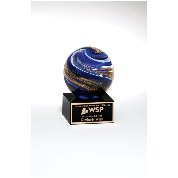 5" Globe with Blue, White and Gold Metallic on Black Glass Base with Black Laser Aluminum Plate