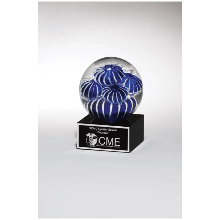5" Globe with Blue and White Sea Anemone Design on Black Glass Base with Black Laserable Aluminum Plate