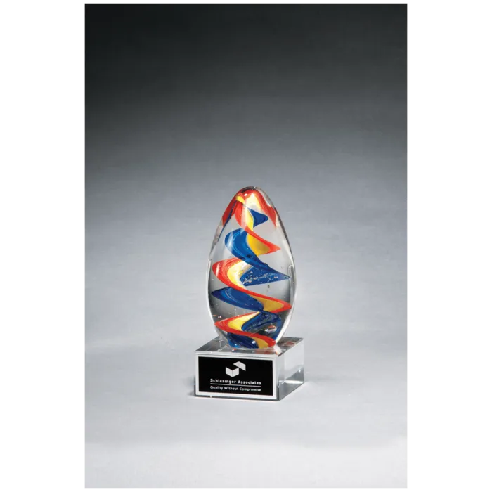 6" Colorful Egg Shaped Art Glass on Clear Glass Base with Black Laserable Aluminum Plate