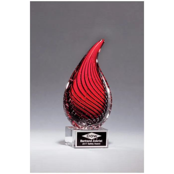7 1/2" Red Teardrop Art Glass on Clear Glass Base with Black Laserable Aluminum Plate