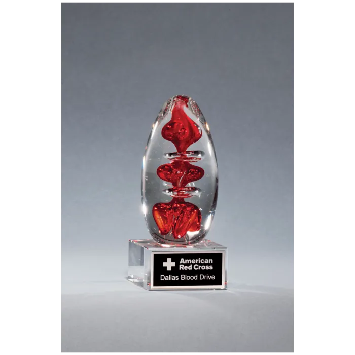 5 1/4" Red Egg Shaped Art Glass on Clear Glass Base with Black Laserable Aluminum Plate