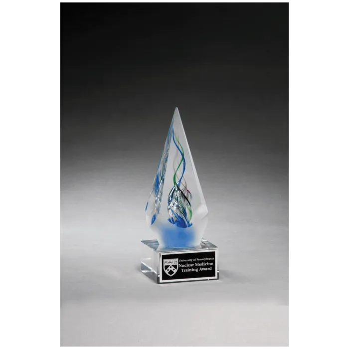 7 1/8" Frosted Glass Accent Arrow Art Glass on Clear Glass Base with Black Laserable Aluminum Plate
