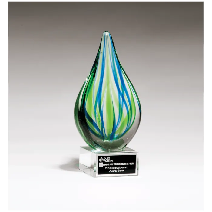 8" Blue and Green Teardrop Art Glass on Clear Glass Base with Black Laserable Aluminum Plate
