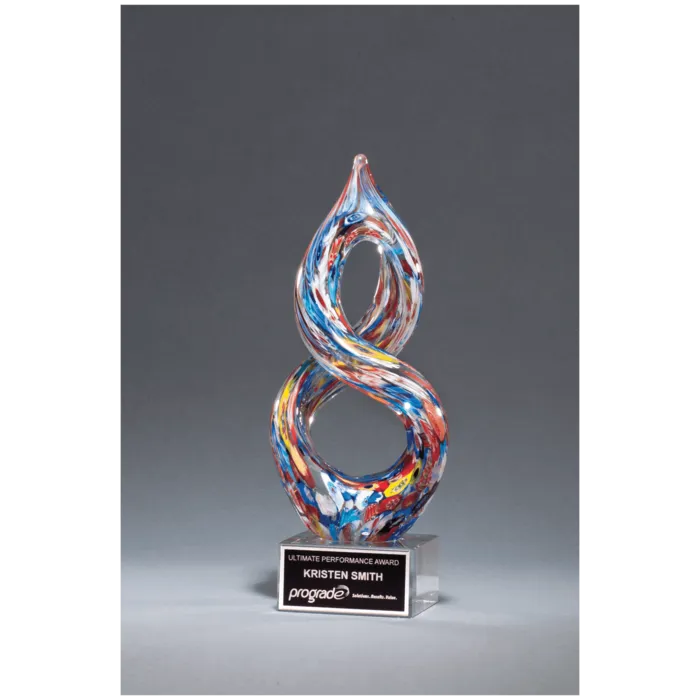 10" Helix Multi-Color Art Glass on Clear Glass Base with Black Laserable Aluminum Plate