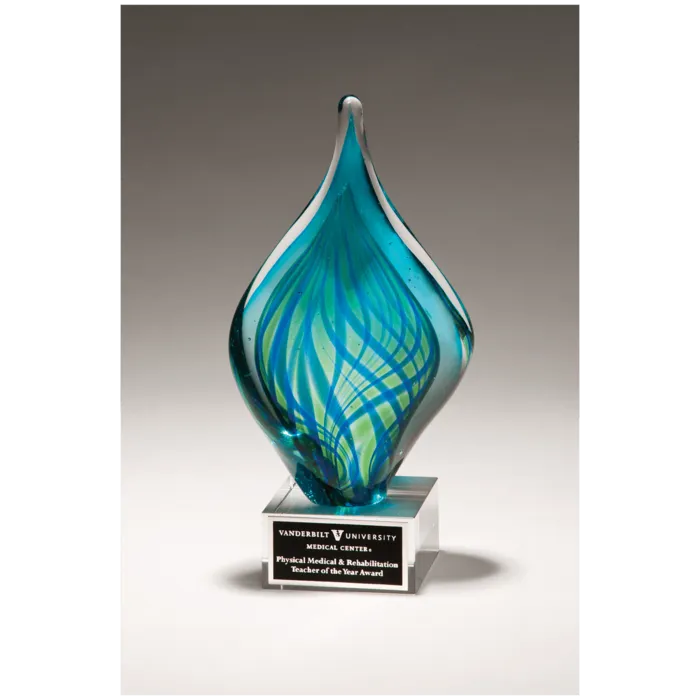 8 3/4" Blue and Green Twist Art Glass on Clear Glass Base with Black Laserable Aluminum Plate