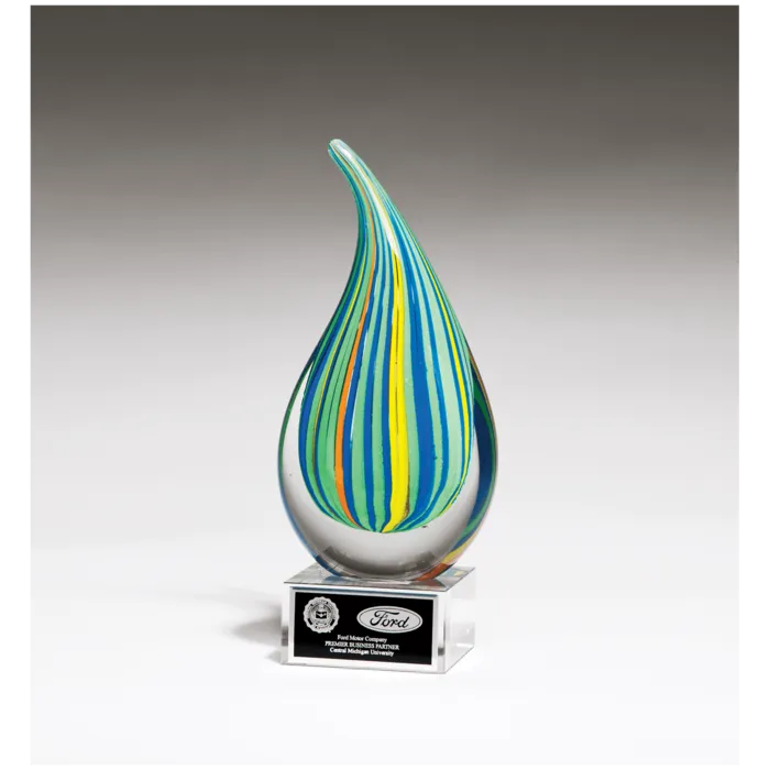 8 1/4" Multi-Colored Teardrop Art Glass on Clear Glass Base with Black Laserable Aluminum Plate