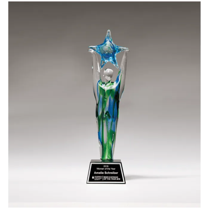 11 1/2" Star Achiever Art Glass on Clear Glass Base with Black Laserable Aluminum Plate