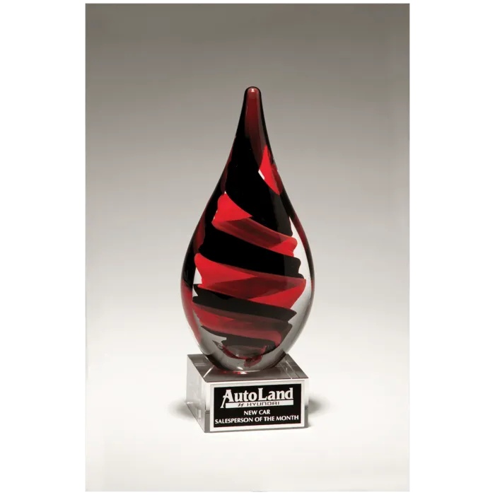 8" Black and Red Helix Teardrop on Clear Glass Base with Black Laserable Aluminum Plate