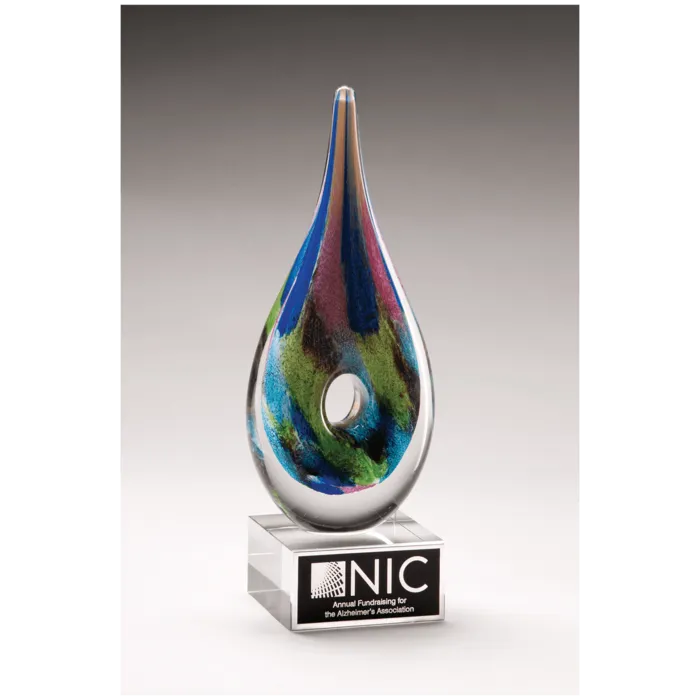 9 7/8" Multi-Colored Teardrop Art Glass on Clear Glass Base with Black Laserable Aluminum Plate