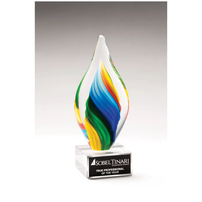 9" Rainbow Twist Art Glass on Clear Glass Base with Black Laserable Aluminum Plate