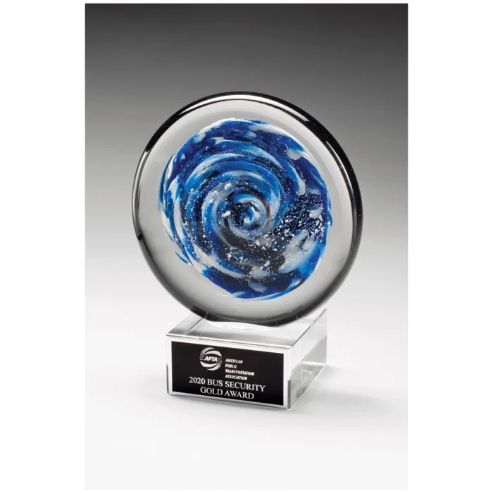 7" Blue and White Disc Art Glass on Clear Glass Base with Black Laserable Aluminum Plate