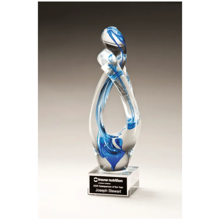 12" Contemporary Sculpture with Blue Accent Art Glass on Clear Glass Base with Black Laserable Aluminum Plate