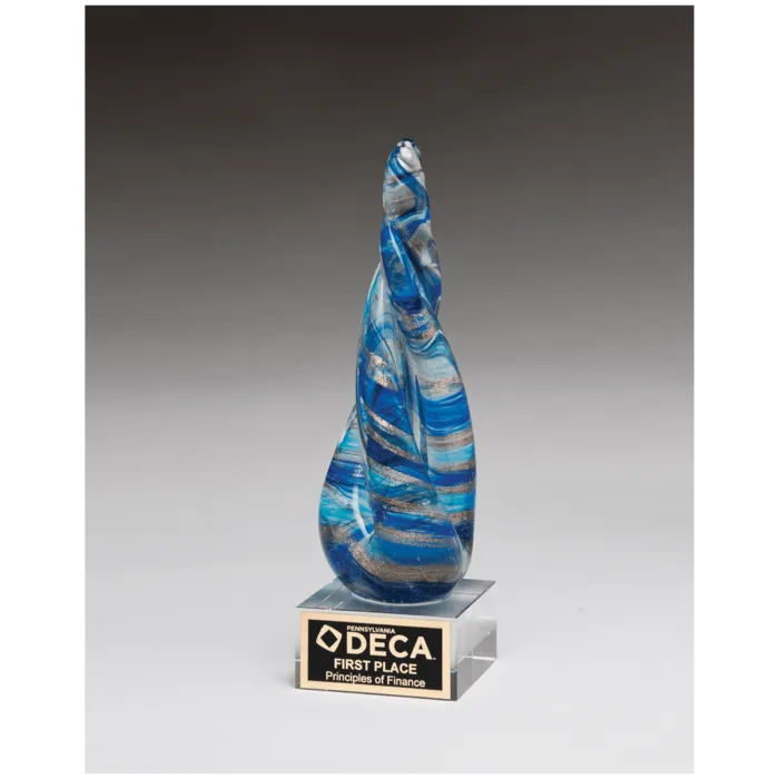 8 3/4" Twist Blue & Teal Art Glass with Gold Metallic Accent on Clear Glass Base and Black Laser Aluminum Plate