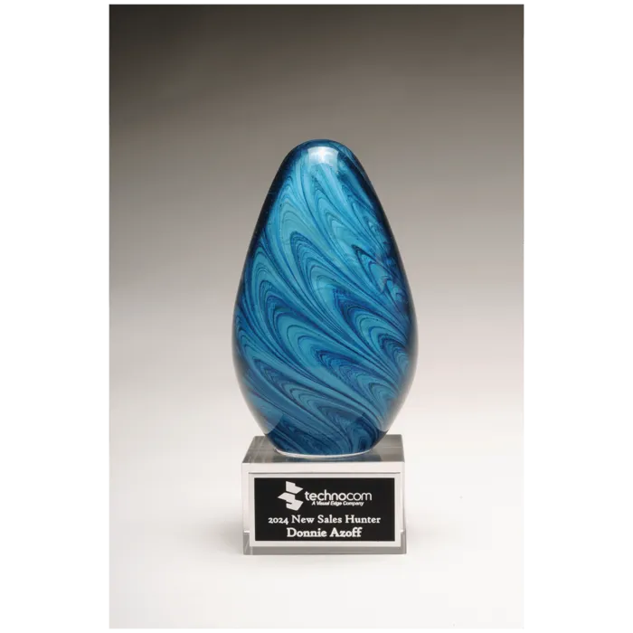 6 1/4" Blue and Green Egg Shaped Art Glass on Clear Glass Base with Black Laserable Aluminum Plate