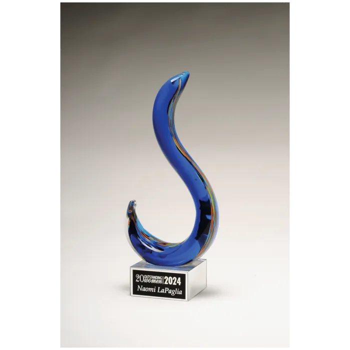 11" Modern Swan Design Art Glass on Clear Glass Base with Black Laserable Aluminum Plate