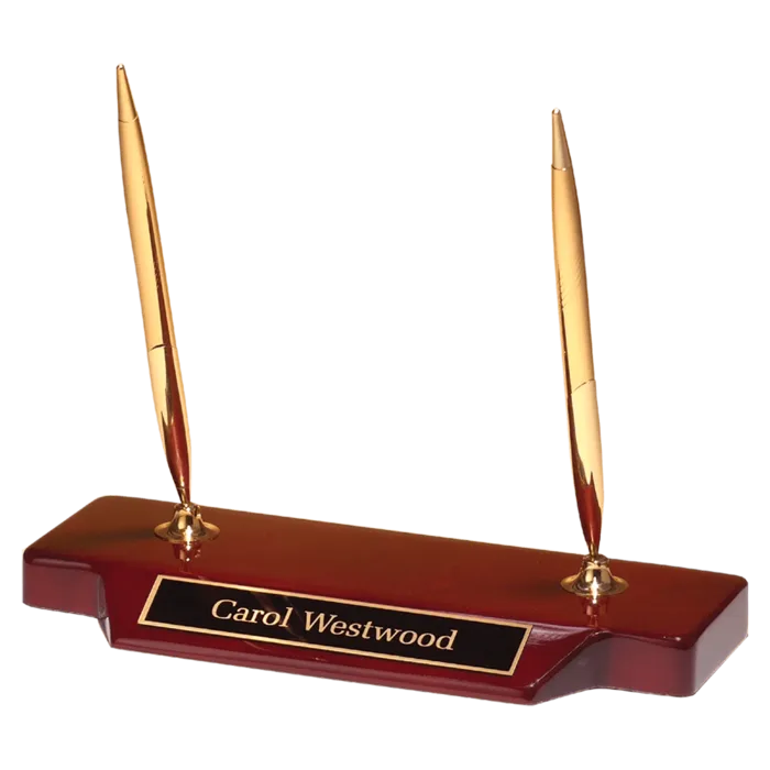 3 3/4" x 9" Double Gold-Tone Pen Set on Rosewood Piano Finish Base with Black Brass Plate