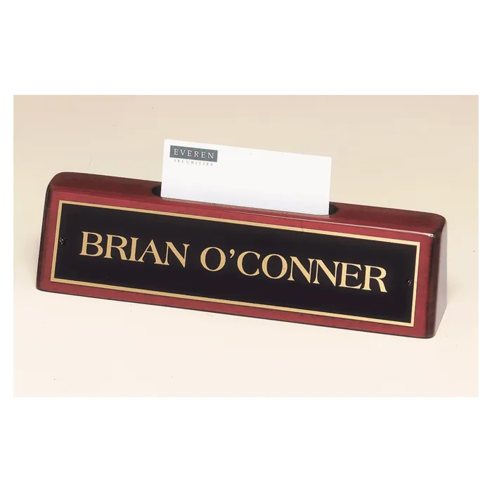 8 1/4" x 2" x 1 1/4" Rosewood Piano Finish Nameplate with Business Card Holder with Black Plate