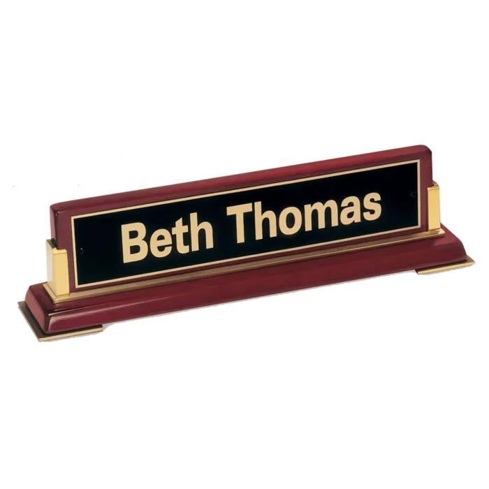 10 5/8"x 2 3/4 x 2 1/2 Rosewood Piano Finish Nameplate and Gold Metal Accents with Black Plate