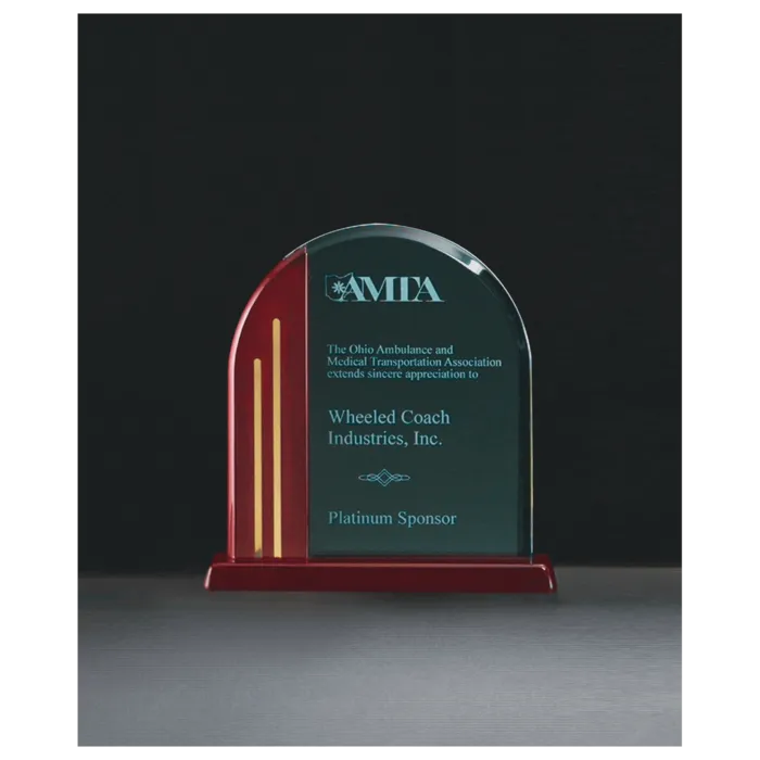 7 1/2" x 7 7/8" Arch Series Jade Acrylic with Rosewood Piano Finish Base, Gold Metal Accents