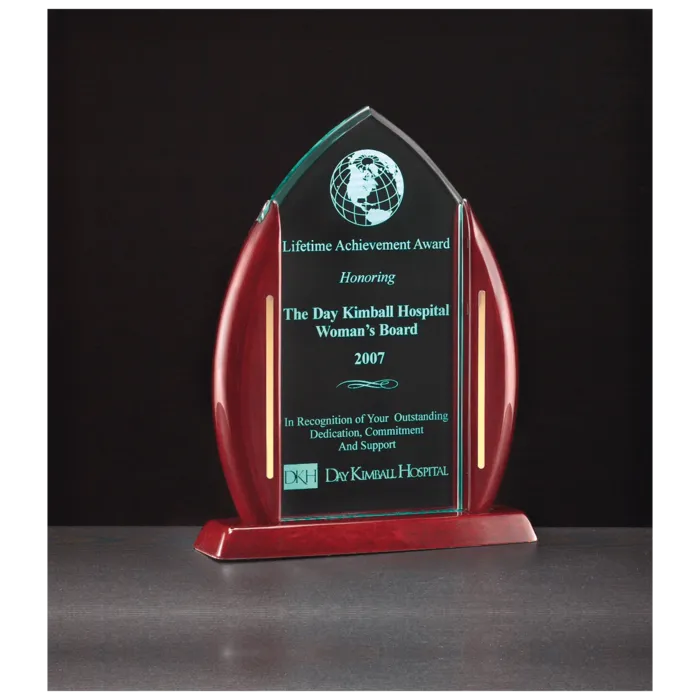 7 1/2" x 9 5/8" Flame Jade Acrylic with Rosewood Piano Finish Base and Posts, Gold Metal Accents