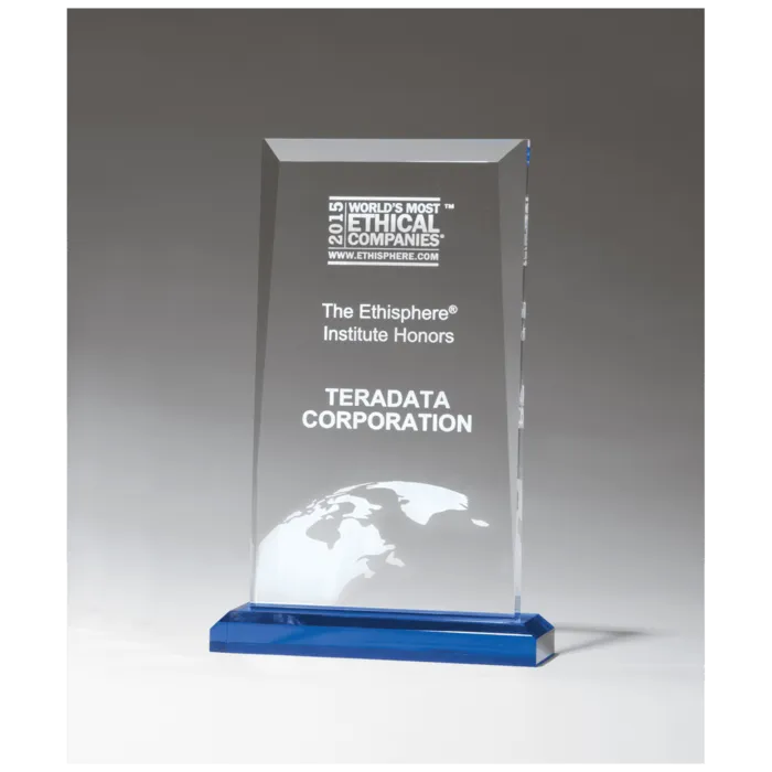 6 x 9 3/4" Apex Series Clear Acrylic Award with Blue Highlights and Blue Base