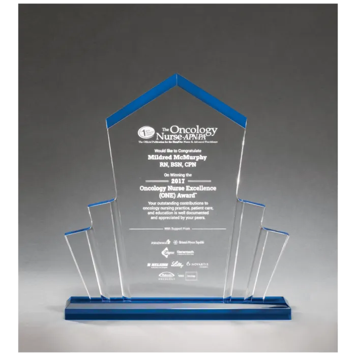 10" x 10 3/4" Large Tower Spotlight Clear Acrylic with Blue Accent on Blue Acrylic Base