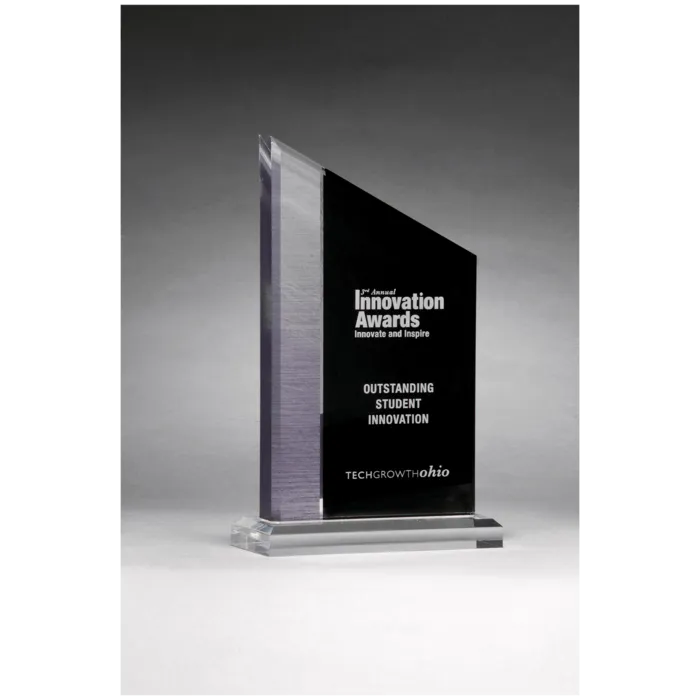 6" x 10" Digitally Printed Brushed Silver Accent on Black Upright Acrylic with Clear Base