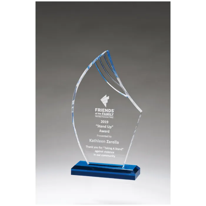 4 1/4" x 7 3/4" Flame Series Clear Acrylic with Blue Accents and Matching Blue Acrylic Base