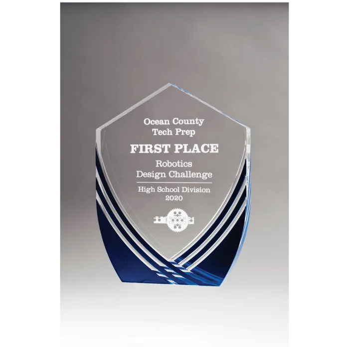7 3/8" x 9 1/2" Shield Series Clear Acrylic with Polished Score Lines and Blue Metallic Accent