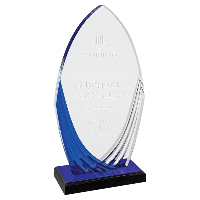 4 1/4" x 8 1/4" Tidal Series Acrylic with Printed Blue Accent and Blue Mirror-Topped Base