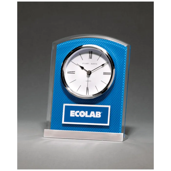 5" x 6 1/2" Glass Clock with Blue Carbon Fiber Design on Aluminum Base and Laser Engravable Plate