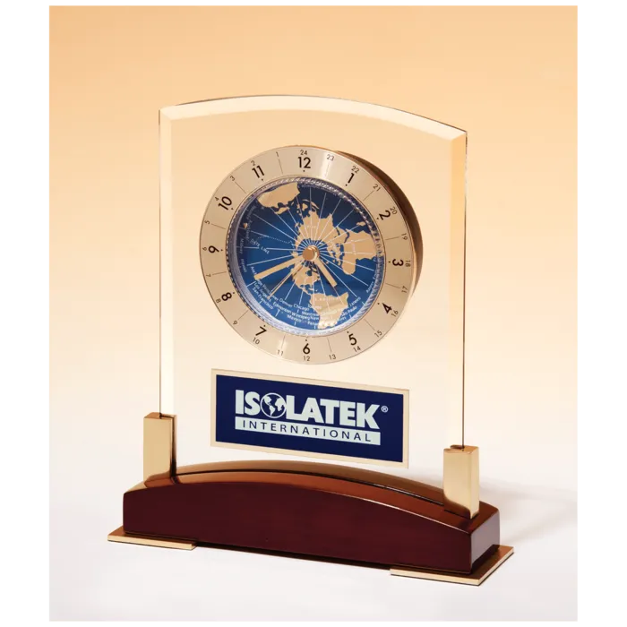 6" x 7 3/4" Glass Clock with World Time Dial on Piano Finish Base, Blue Aluminm Plate