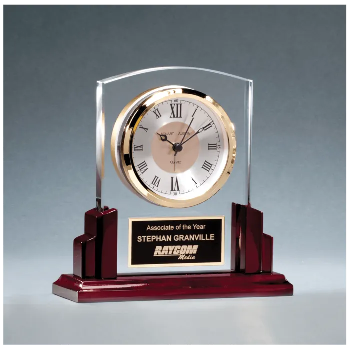 6 5/8" x 6 1/2" Glass Clock with Rosewood High Gloss Base, Black Aluminum Plate