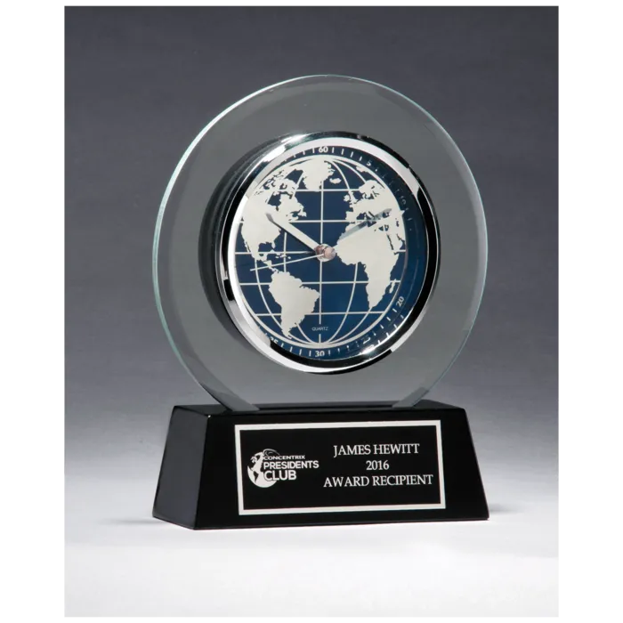 7 1/4" x 8 3/4" Glass Clock with World Dial on Black High Gloss Base, Black Plate