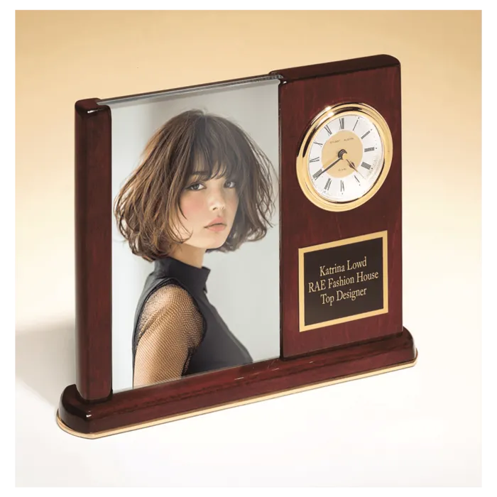 6 3/4" x 8 1/2" Rosewood Piano Finish Clock with Glass Picture Frame/Black Plate
