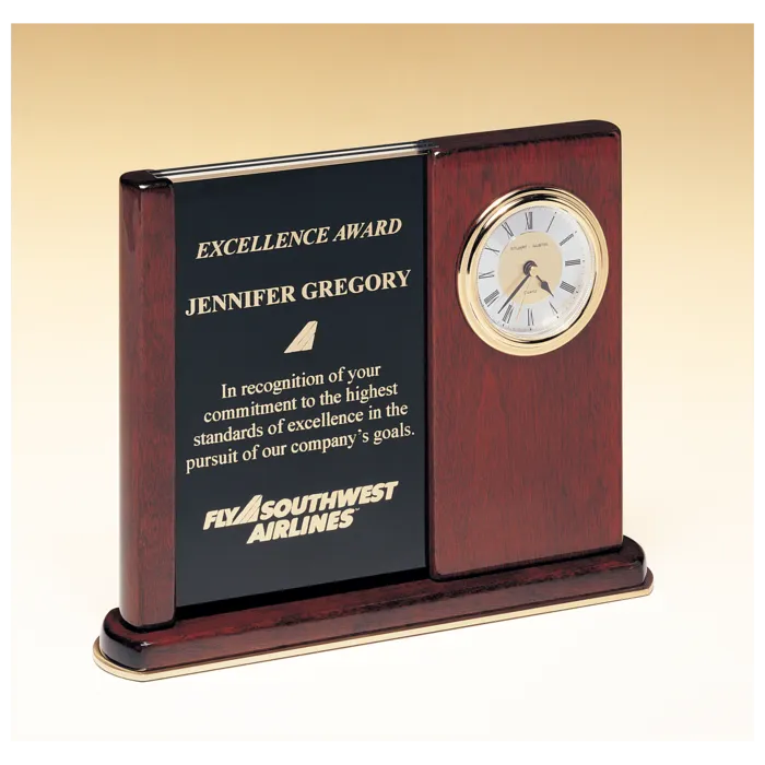 6 3/4" x 8 1/2" Rosewood Piano Finish Clock with Two Engraving Plates to Accomodate Extra Copy