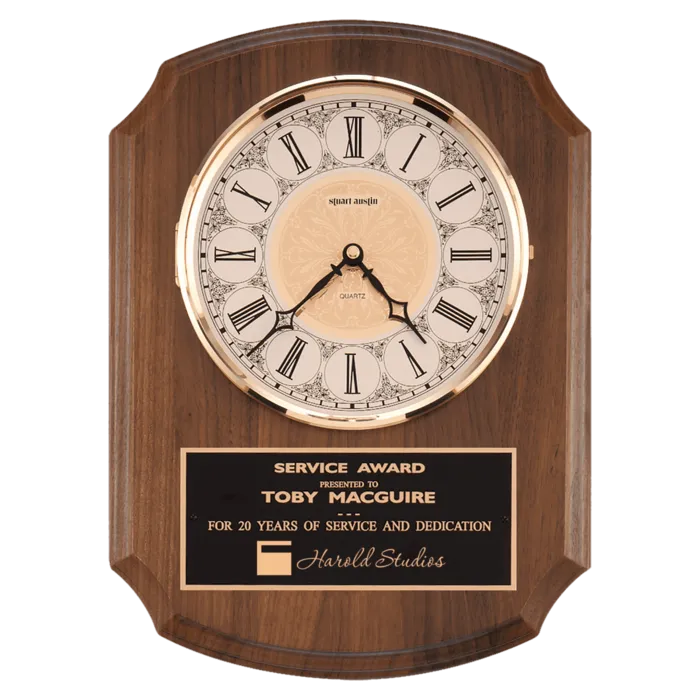 10 1/2" x 13" Walnut Quartz Clock, Brass Diamond Spun Bezel, Glass Lens, Ivory Dial, Plate