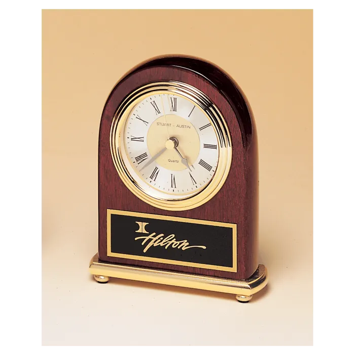 4" x 5" Rosewood Arch Piano Finish Clock, Brass Base, Diamond Spun Dial, 3 Hand Movement with Black Laserable Plate