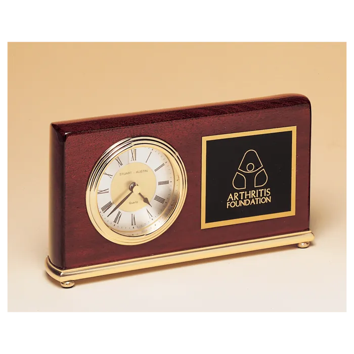 4" x 7 5/8" Rosewood Piano Finish Clock, Brass Base, Diamond Spun Dial, 3 Hand Movement with Black Laserable Plate